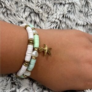 Cute White And Green Clay Bead Bracelets With Heart Shaped Pearl Charms